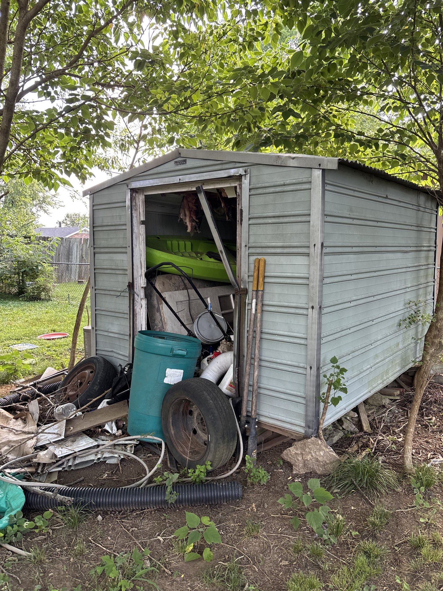 Overloaded backyard shed ready for a light-demo cleanout